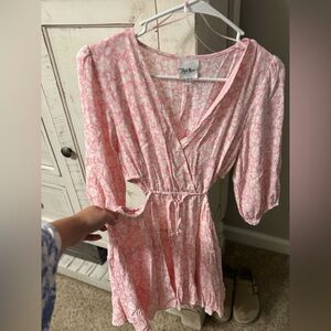 Soft Pink Floral Wrap Romper with Drawstring Waist